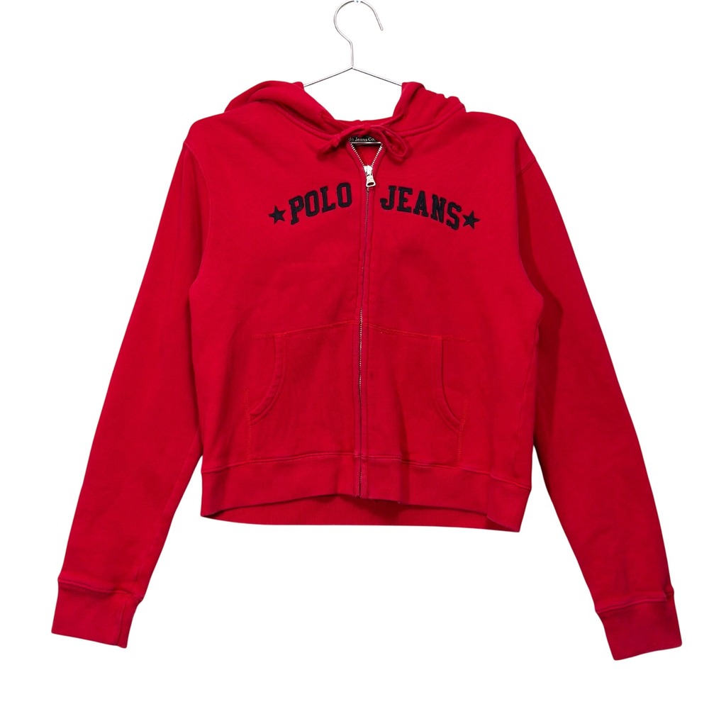 Vintage Polo Jeans Co Ralph Lauren Hoodie Mens L Red Y2K Applique Spellout Zip